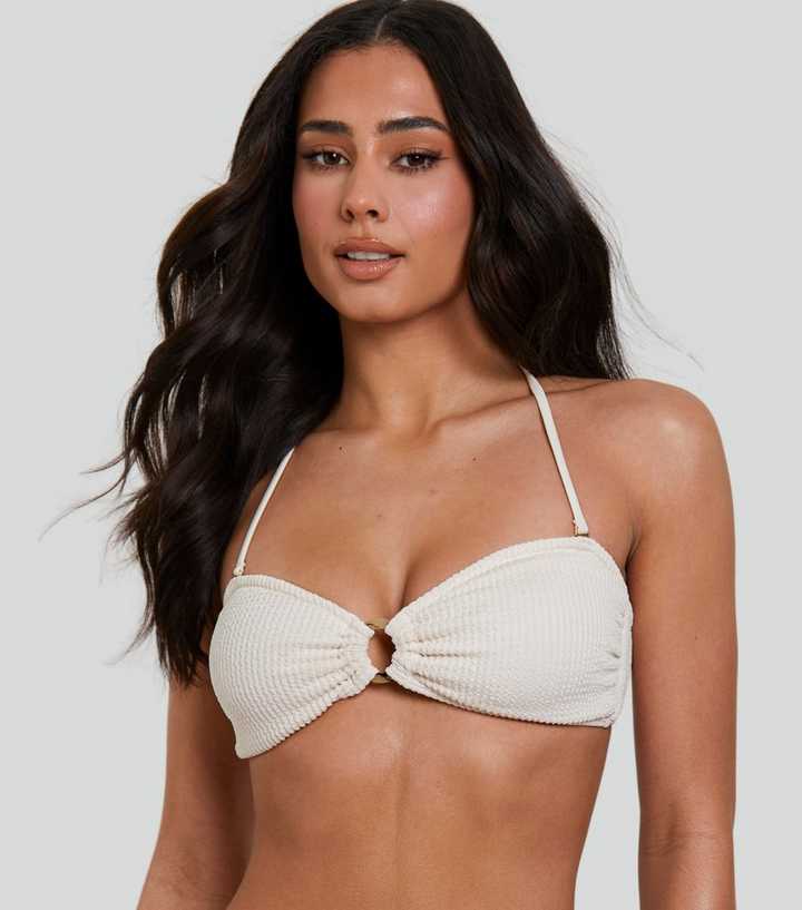 South Beach Cream Textured Crinkle Bandeau Bikini Top