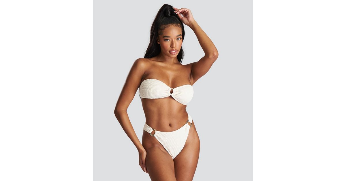 South Beach Cream Textured Crinkle Bandeau Bikini Top | New Look