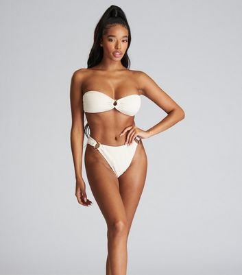 South Beach Cream Textured Crinkle Bandeau Bikini Top New Look