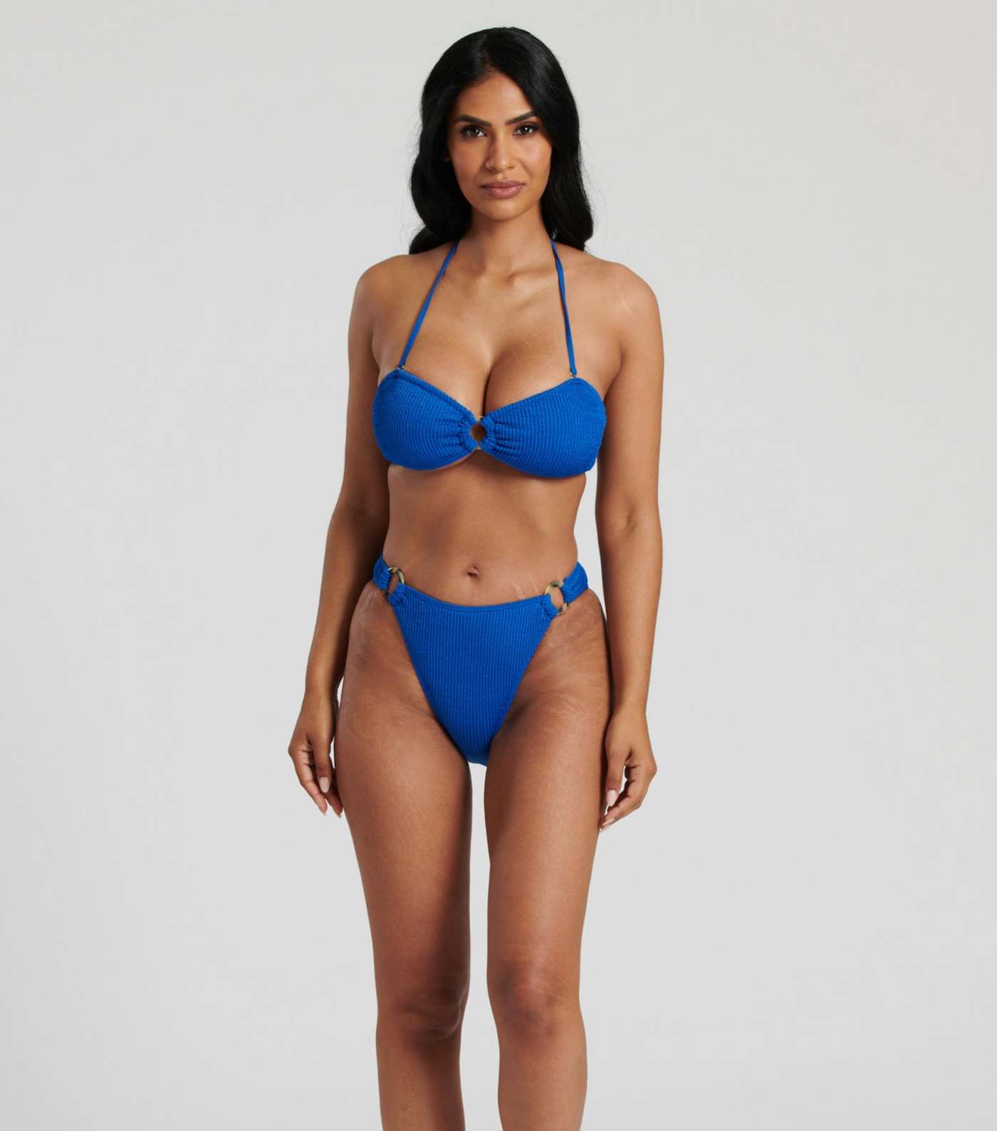 South Beach Bright Blue Textured Crinkle High Waist Bikini Bottoms Image 3