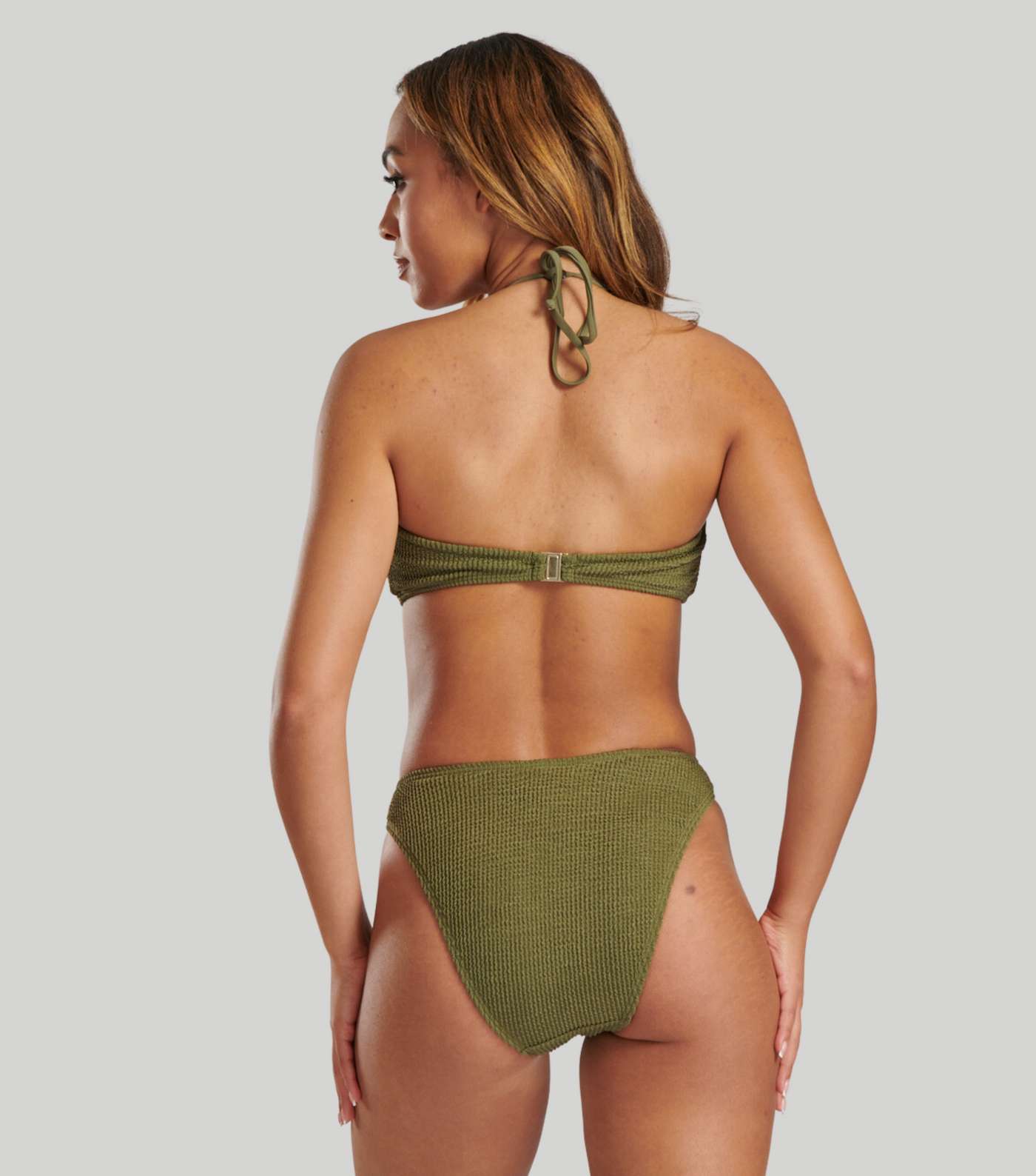 South Beach Khaki Textured Crinkle High Waist Bikini Bottoms Image 5