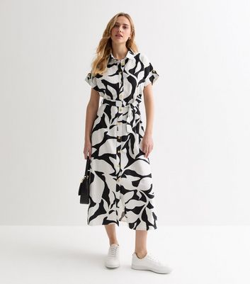 Black Abstract Leaf Print Short Sleeve Belted Midi Shirt Dress New Look