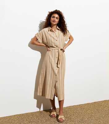 Brown Stripe Short Sleeve Belted Midi Shirt Dress