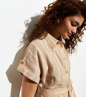 Brown Stripe Short Sleeve Belted Midi Shirt Dress New Look