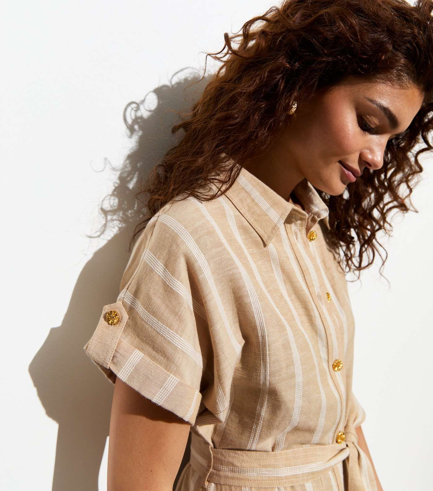 Brown Stripe Short Sleeve Belted Midi Shirt Dress Image 2
