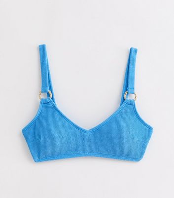 Bright Blue Crinkle Textured Ring Bikini Top New Look