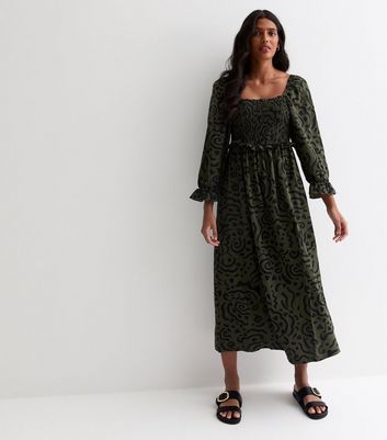 Green Abstract Print Square Neck Midi Dress New Look