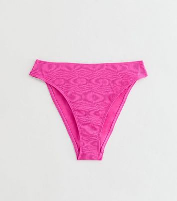 Bright Pink Wavy Textured High Waist Bikini Bottoms New Look