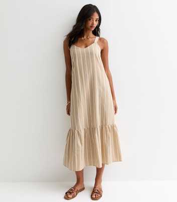 Brown Cotton Stripe Print Midi Dress