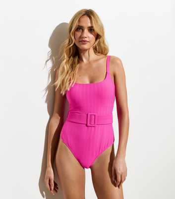 Bright Pink Wavy Textured Belted Swimsuit