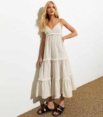 White Cotton Striped Tiered Midi Dress | New Look