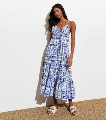 Blue Cotton Abstract-Print Tiered Midi Dress