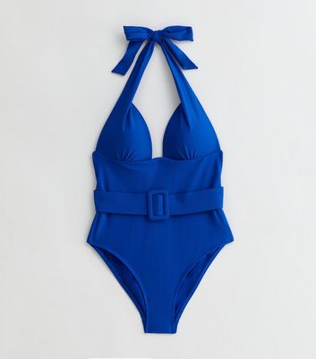 Bright Blue Halter Belted Illusion Swimsuit New Look