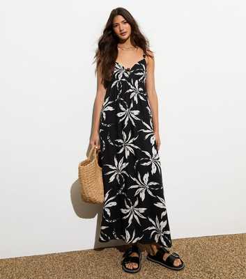 Black Palm Print Bead-Embellished Midi Dress