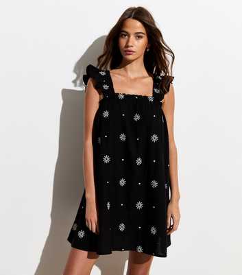 Black Frill-Strap Floral Mini Dress 