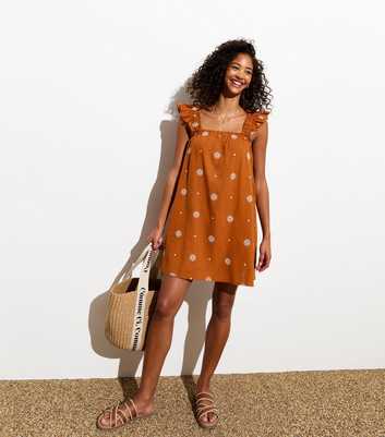 Brown Frill-Strap Floral Mini Dress