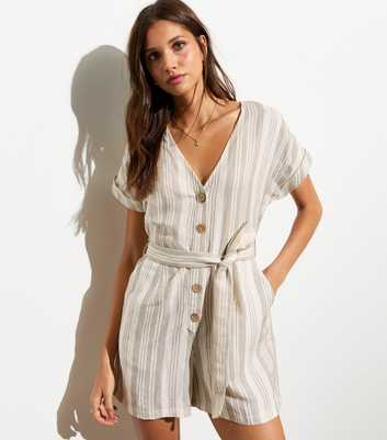 Brown Buttoned Stripe Print Belted Playsuit 