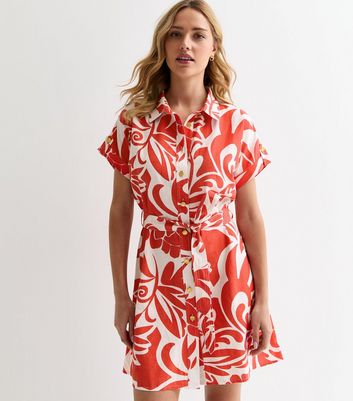 Red Utility Belt Abstract Floral Print Mini Shirt Dress New Look