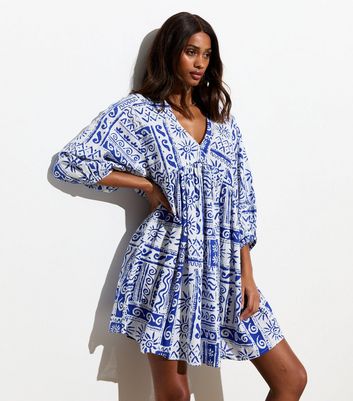 Blue Sun Print Cotton Mini Smock Dress