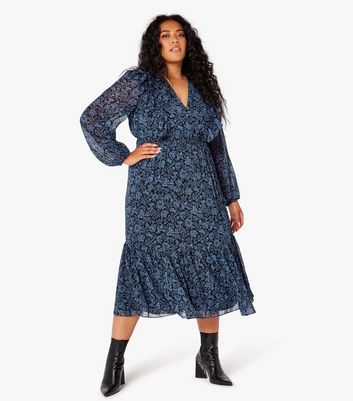 Apricot Curves Blue Floral Tiered Long Sleeve Midaxi Dress New Look