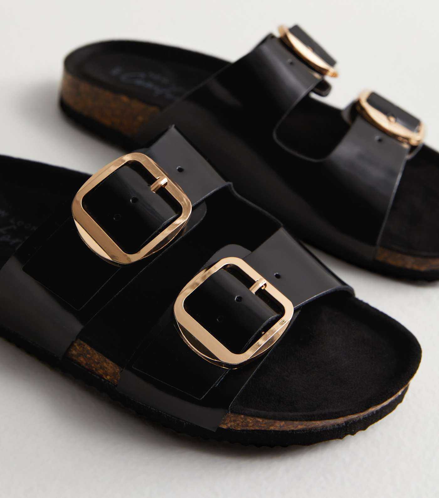 Black Leather-Look Buckle Footbed Sliders Image 3