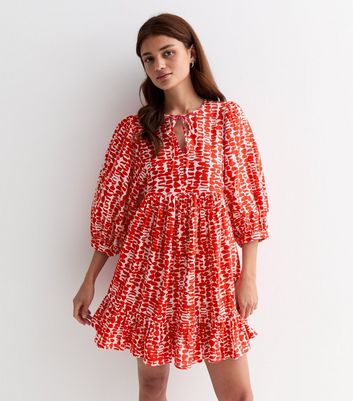 Red Abstract Print Tiered Mini Smock Dress New Look