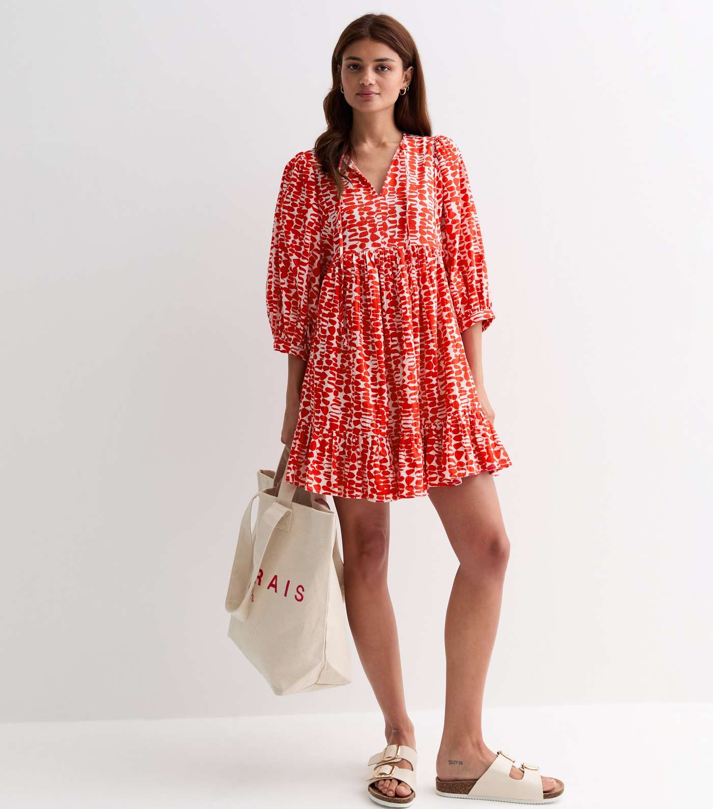 Red Abstract Print Tiered Mini Smock Dress Image 3