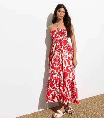 Red Abstract Floral Shirred Halter Neck Midi Dress 