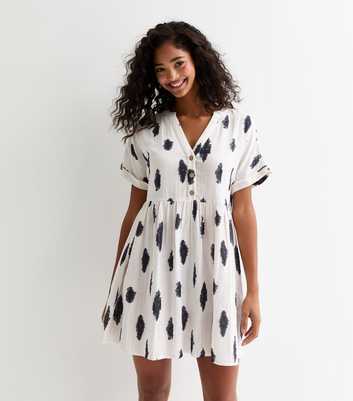 White Cotton Ink Dot Print Buttoned Smock Mini Dress 