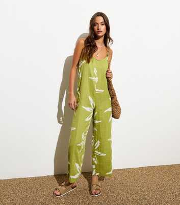 Green Cotton Palm-Print Strappy Jumpsuit