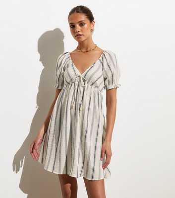 Off White Stripe Crinkle-Cotton Frill Mini Tea Dress