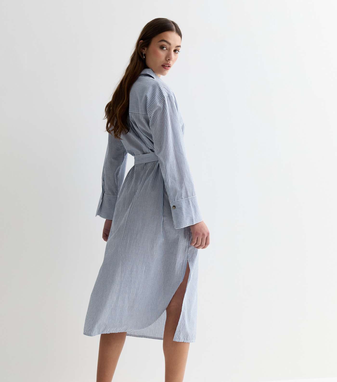Blue Stripe Poplin Long Sleeve Belted Midi Shirt Dress Image 3
