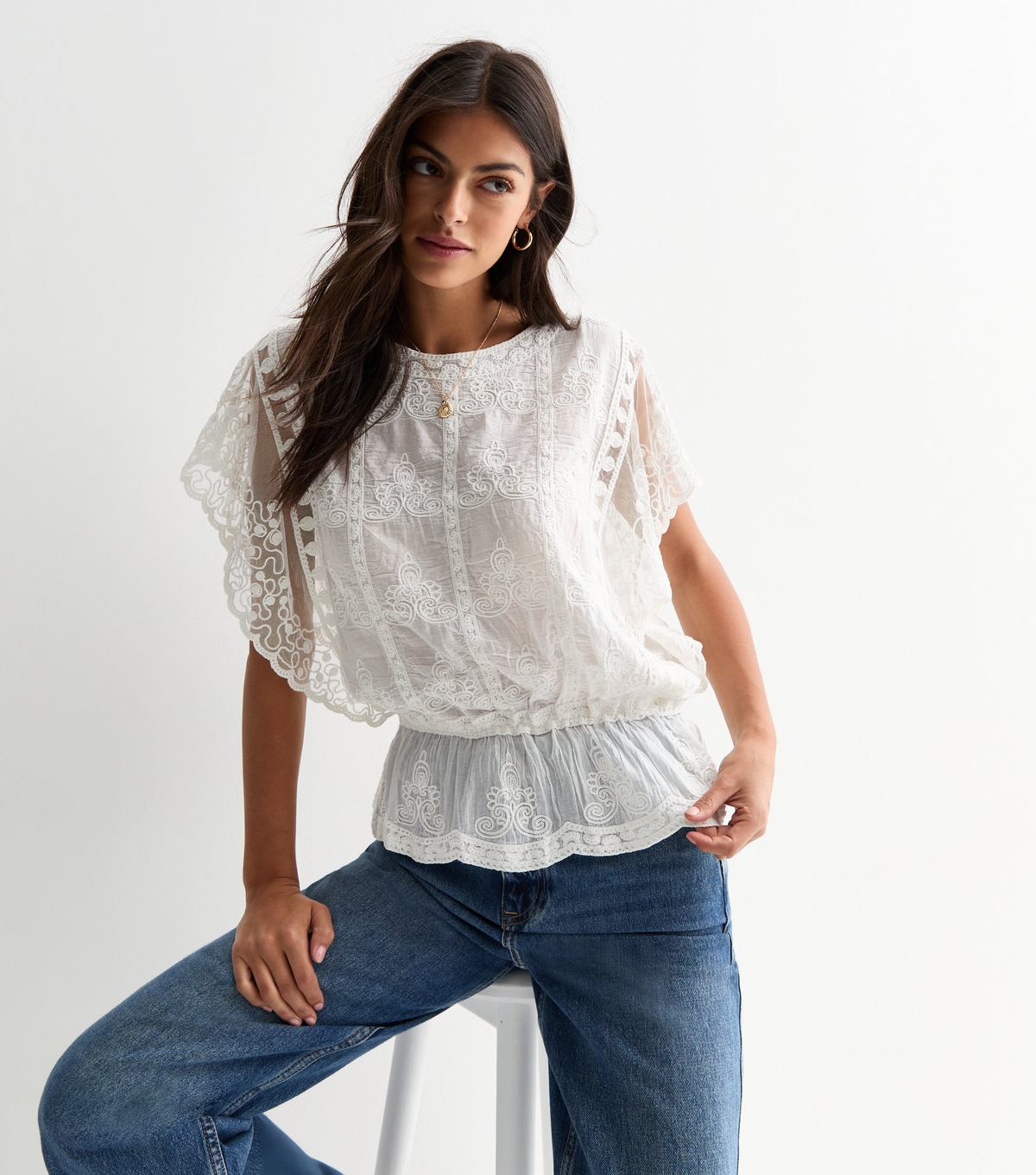 Women's Off White Embroidered Wide Sleeve Top New Look