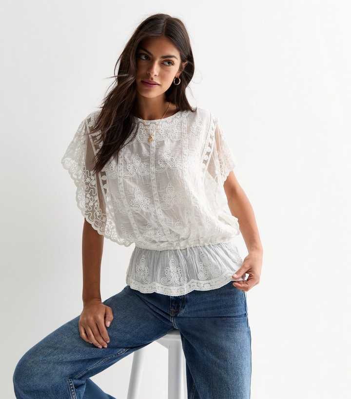 Off White Embroidered Wide Sleeve Top