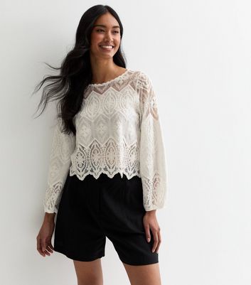 Off White Crochet Long Sleeve Top New Look