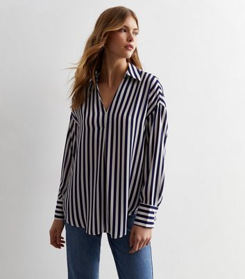 Blue and White Stripe Pullover Shirt New Look