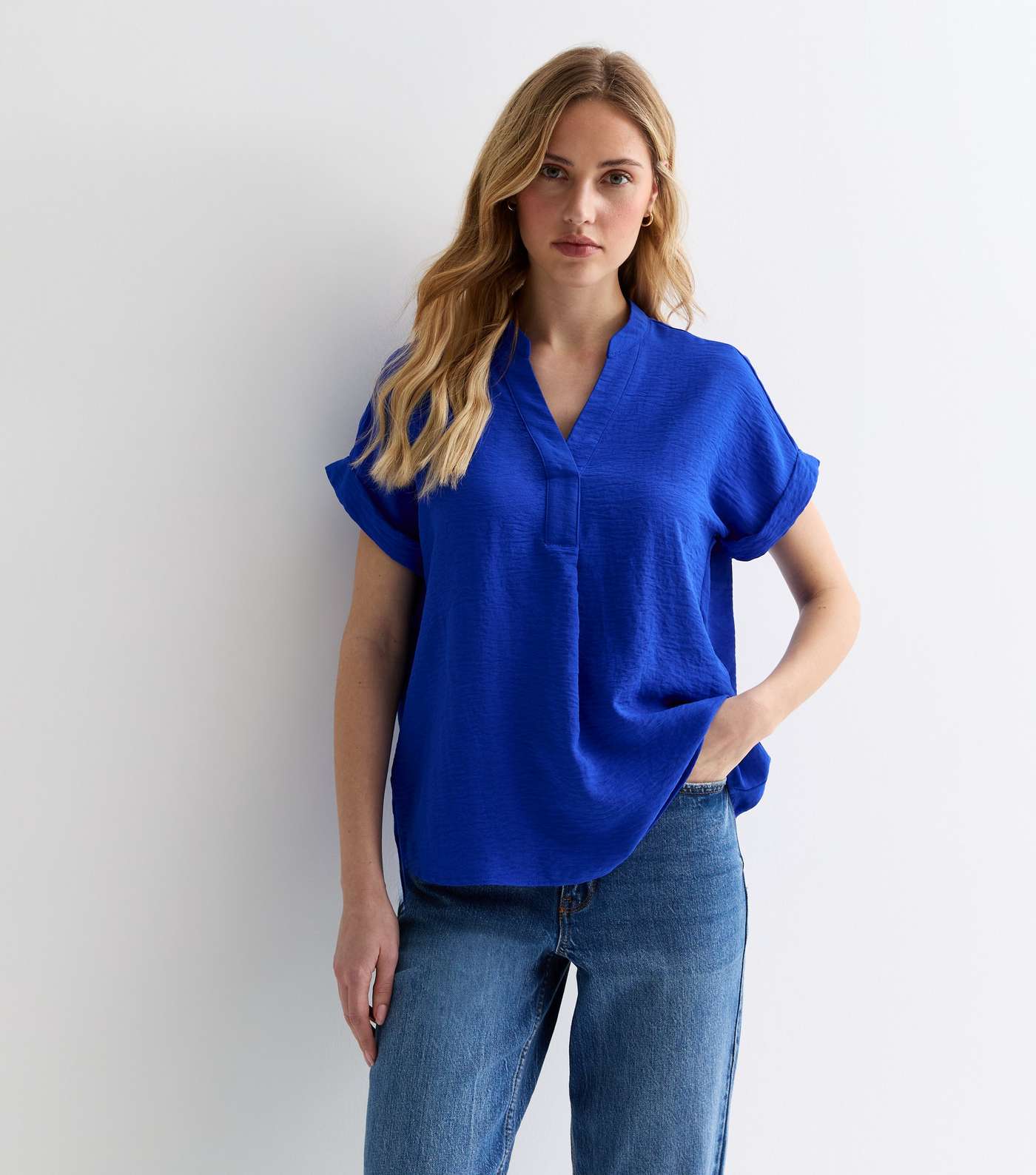 Bright Blue V Neck Roll Sleeve Top Image 2