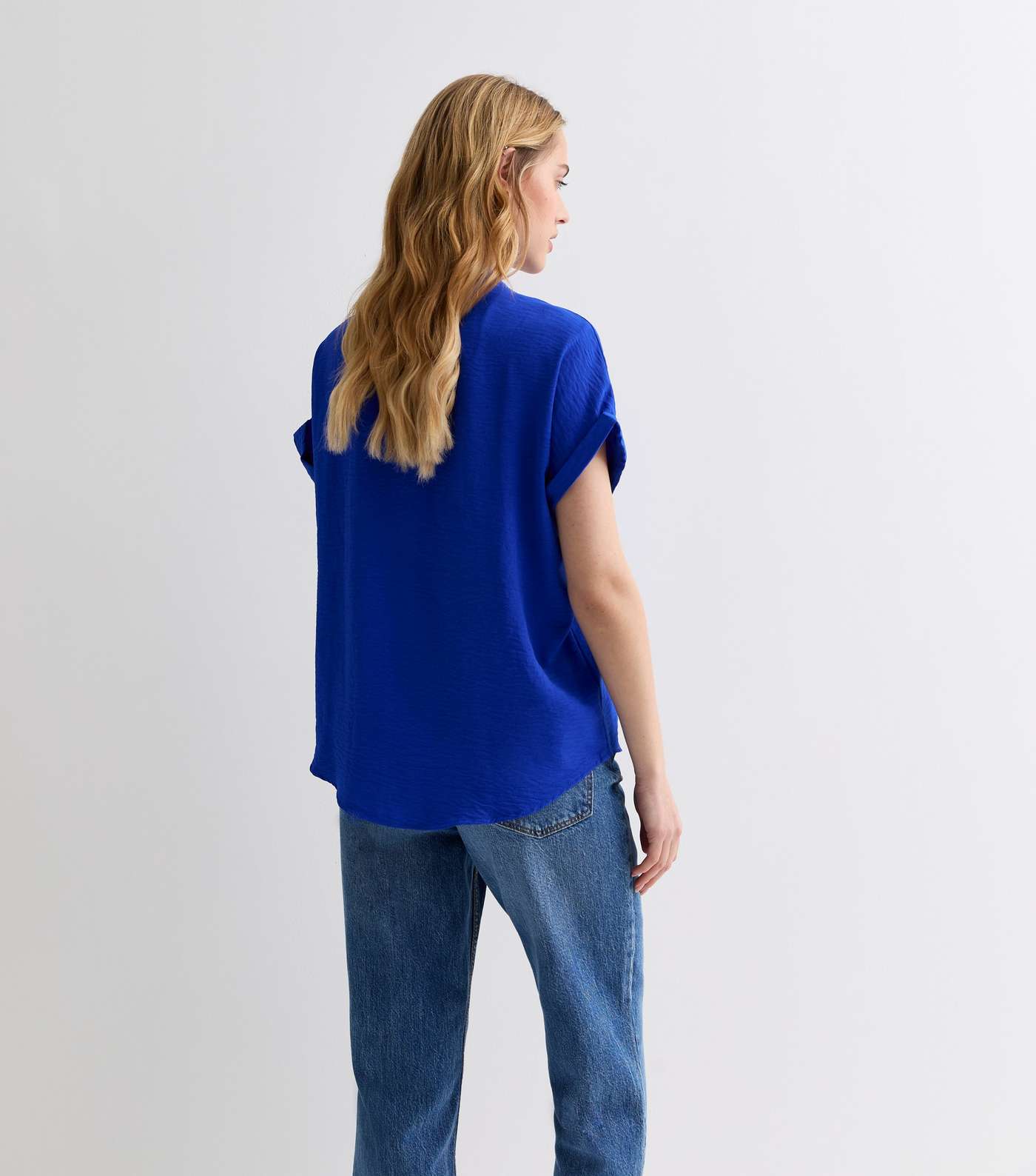Bright Blue V Neck Roll Sleeve Top Image 4