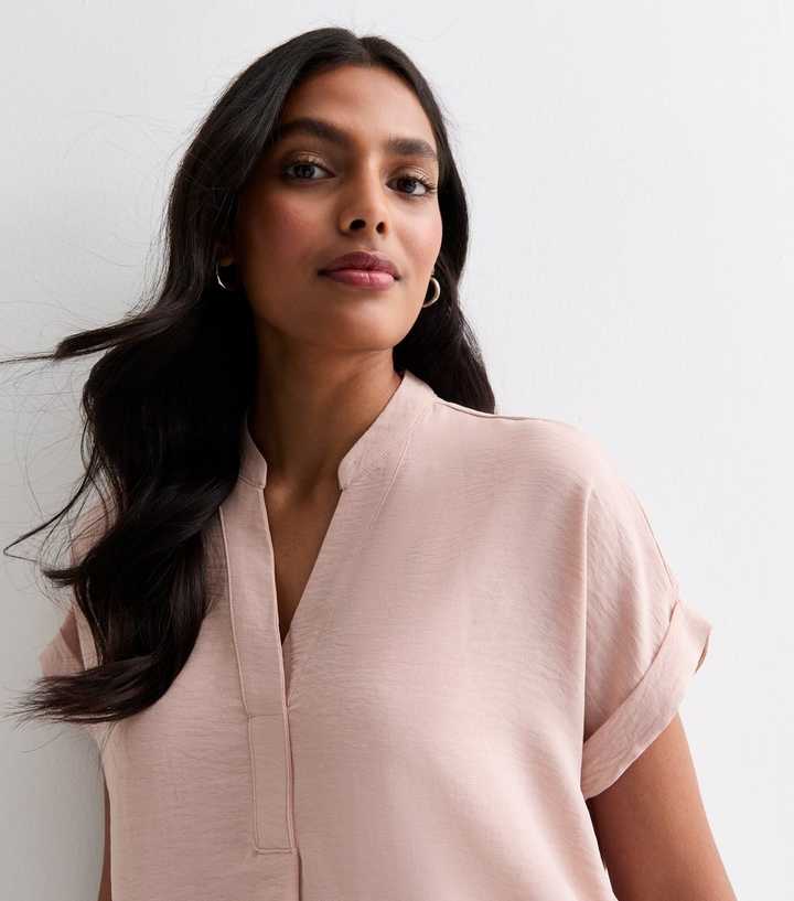 Pale Pink V Neck Roll Sleeve Top