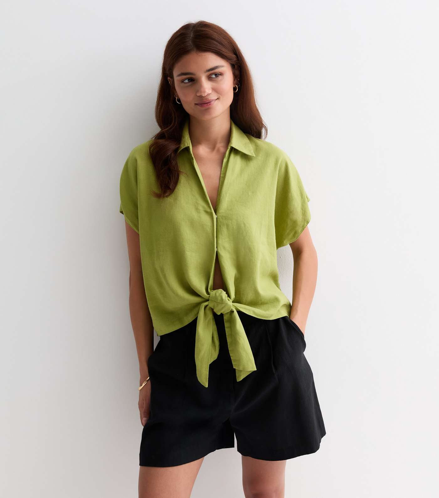 Green Linen Blend Tie Front Shirt Image 2