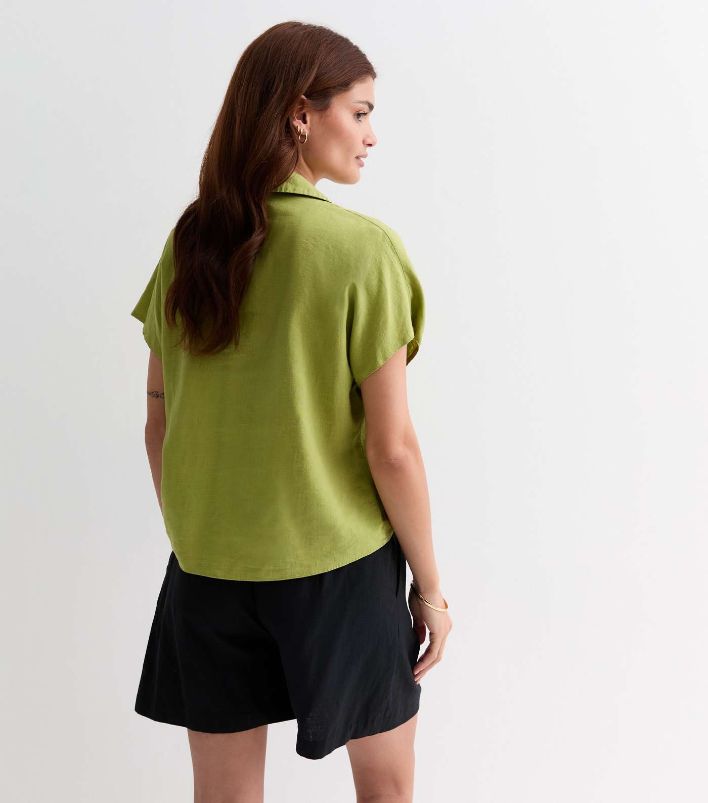Green Linen Blend Tie Front Shirt Image 4