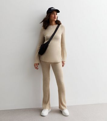 Maternity Cream Ribbed Knit Flared Sleeve Top New Look