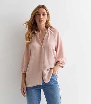 Pale Pink Crinkle V Neck Puff Sleeve Blouse