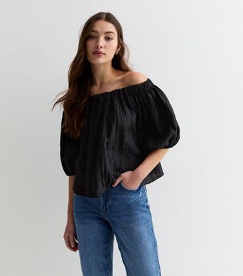 Black bardot puff sleeve top on sale