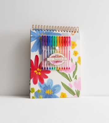 Multicoloured Floral Sketchbook and Pens Set
