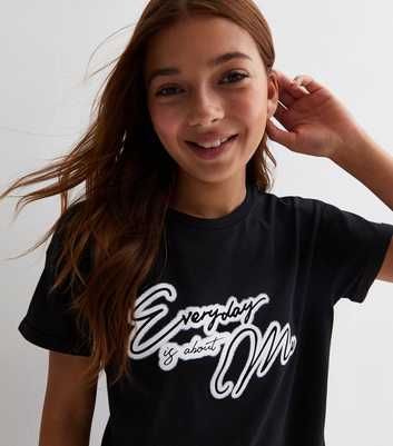 Girls Black Cotton Everyday Is About Me Logo T-Shirt