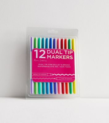 12 Pack Multicoloured Dual Tip Marker Pens New Look