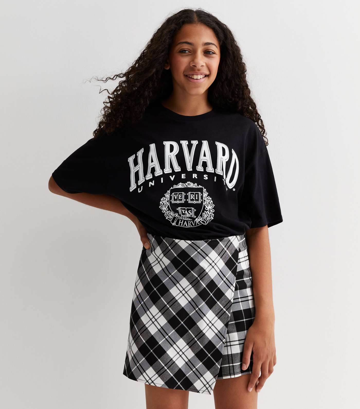 Girls Black Cotton Harvard Logo Oversized T-Shirt