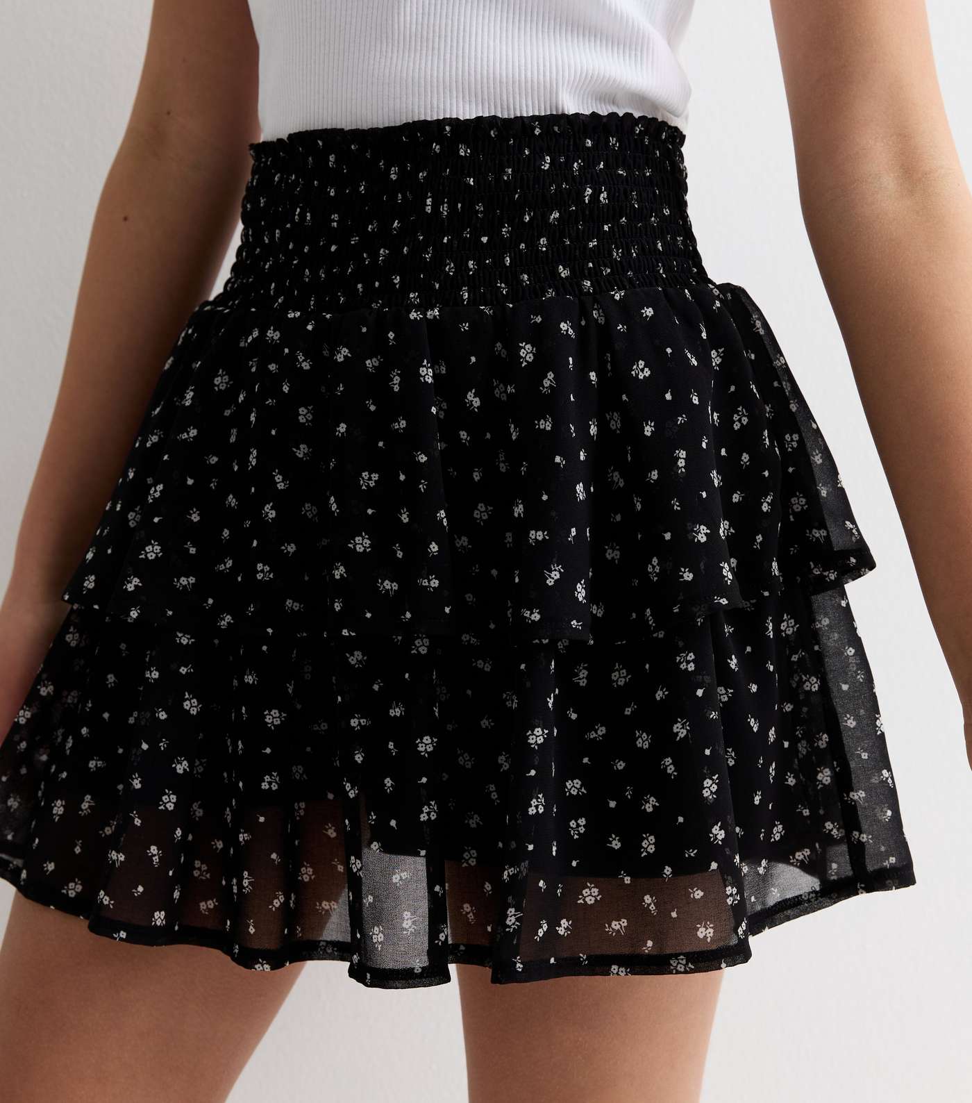 Girls Black Ditsy Floral Chiffon Tiered Mini Skirt Image 2