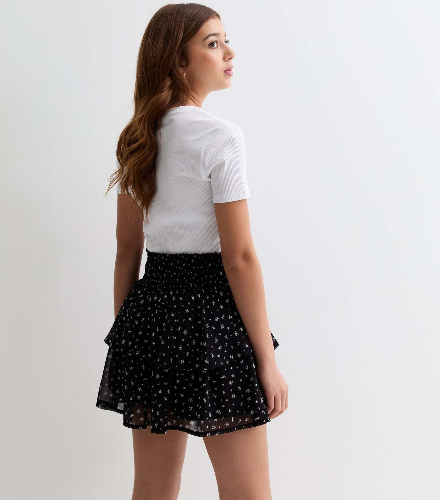 Girls Black Ditsy Floral Chiffon Tiered Mini Skirt Image 4